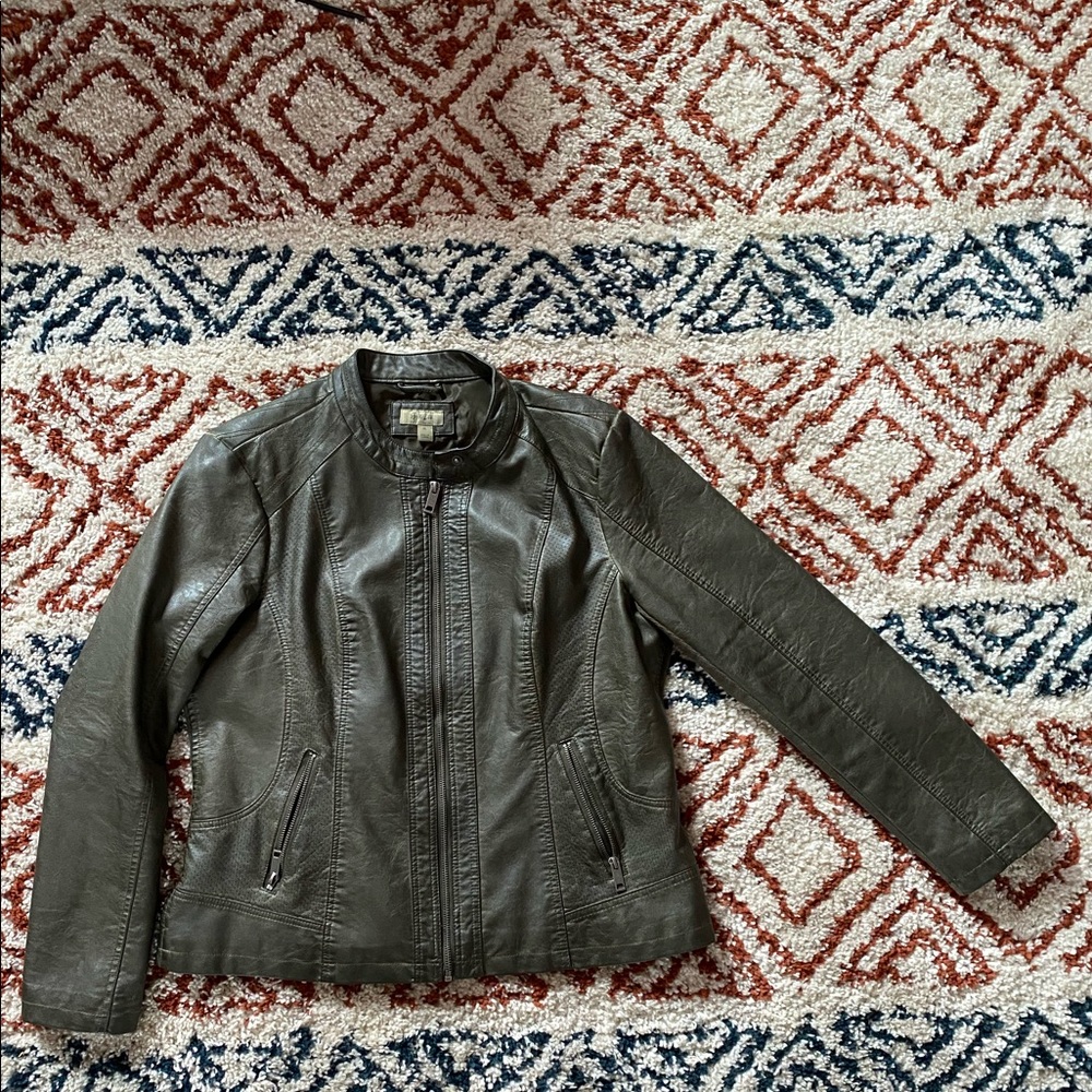 Olive green faux leather luxe biker jacket